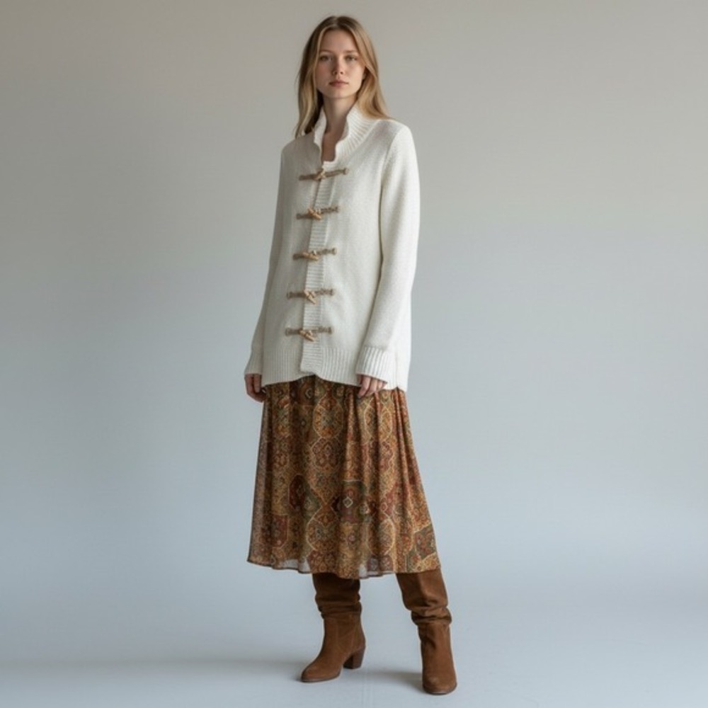 Vtg J Crew Sweater Womens XS Cream Cotton Turtleneck Cardigan Toggle Tunic NEW